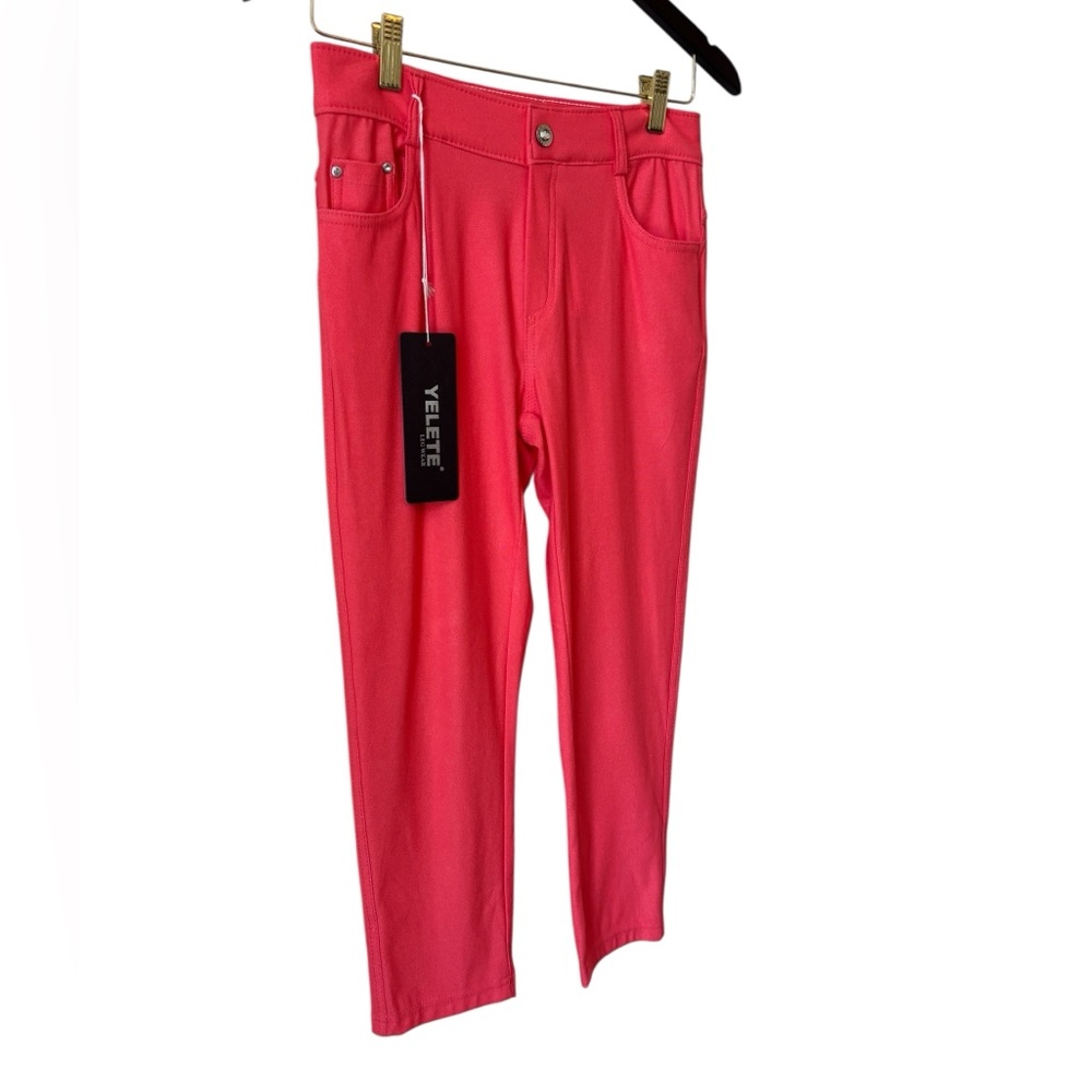 NEW Yelete Leg Wear Coral Pink Jeggings Sz M Pull On Stretch Rhinestones Barbie - Picture 2 of 7